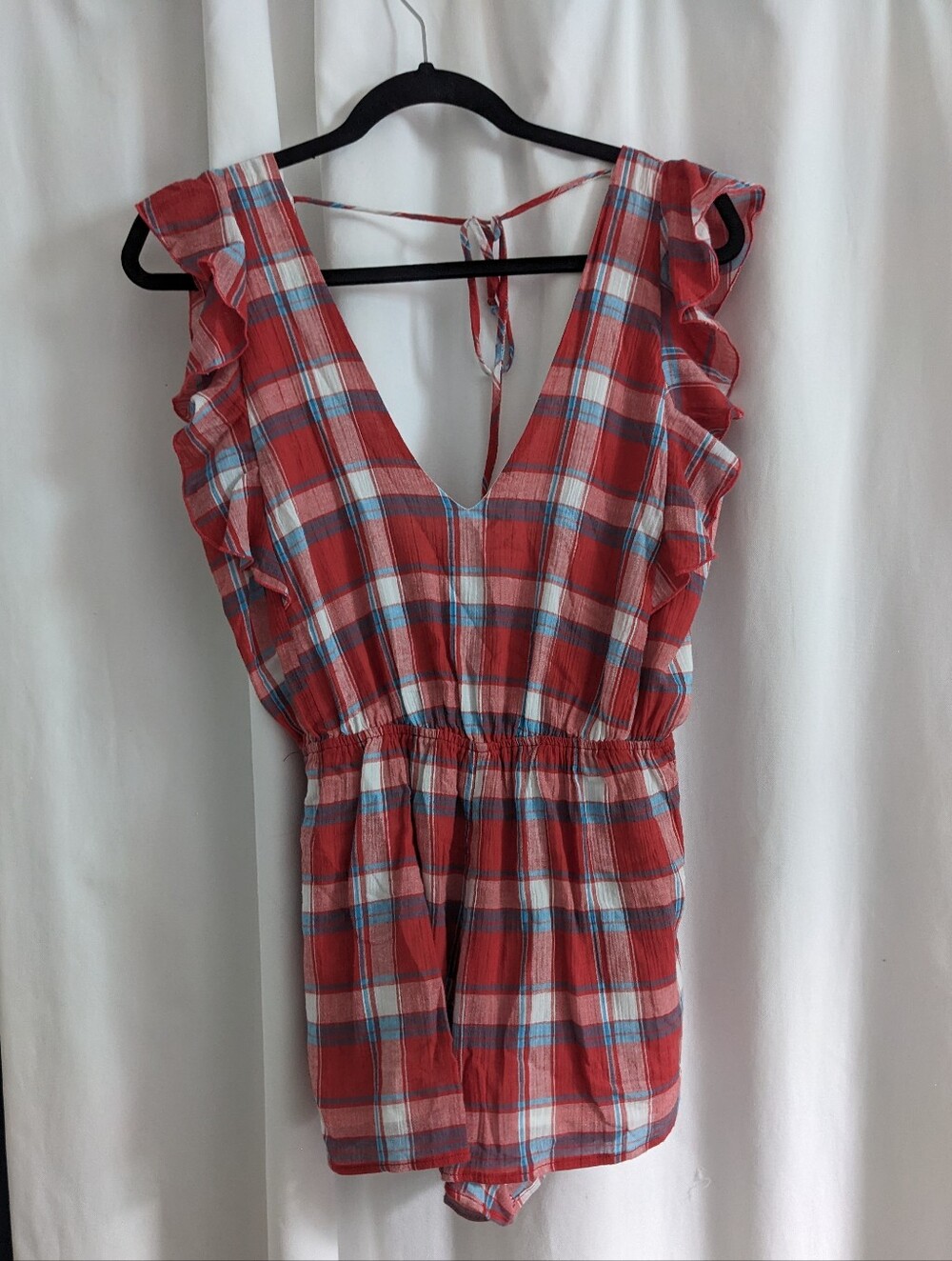 Blue Life Size XS Ruffled Red Checked Cotton Voile Romper Plaid Tartan